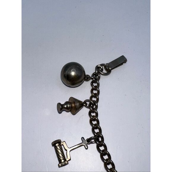 Vintage Charm Bracelet 11 Charms Travel Lamp Mower Football Telephone Light Bulb - Picture 2 of 7